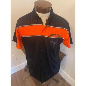 Biker Apparel Motorcycle Black Orange Button Up Shirt Lonestar Rally Galveston L